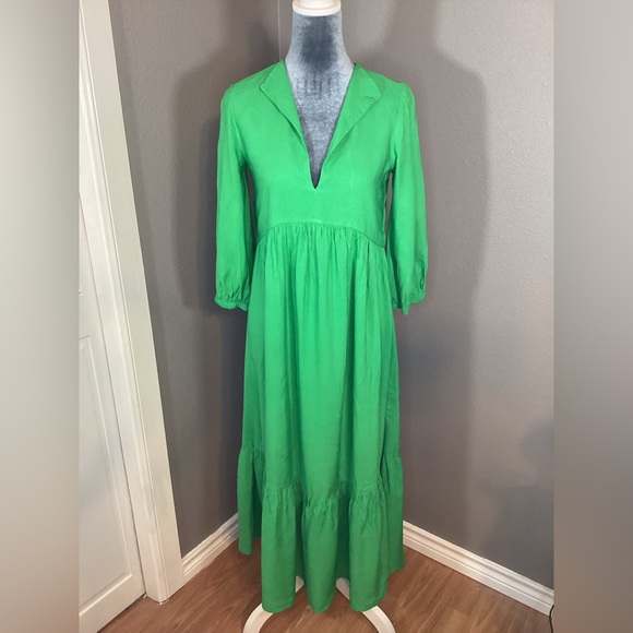 Zara Dresses & Skirts - ZARA Tiered Green Maxi Linen Blend Dress Size S
